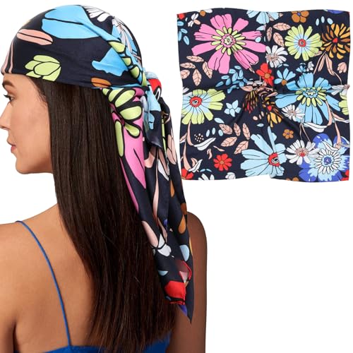 AWAYTR 35” Silk Scarf for Women Large Head Scarf Square Hair Scarf Satin Hair Bandana Printed Silk Sleeping Head Wrap - color: Cartoon Flower(black)