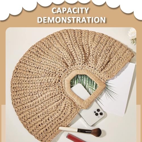 Rattan Handbag, Semi-Circular Woven Beach Bag for Women - Handmade, Perfect for Vacation Travel & Daily Use (Khaki)