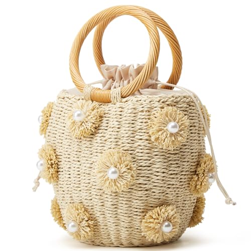 Summer Straw Bag for Women Pearl Flower Bucket Tote Bag Diamond Handbag Hand Woven Rattan Shell Purse Drawstring - color: A-beige