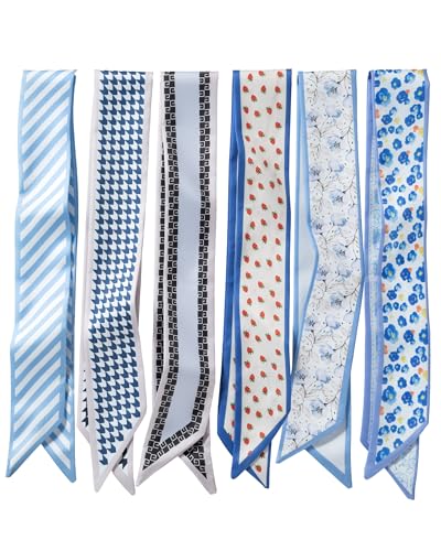 ZXZH 6 Pack Fashion Scarves for Women, Versatile Boho Head Scarf, Satin Scarf for Hair, Neck, Wrist, and Purse Accessories - color: Sweet Blue Print