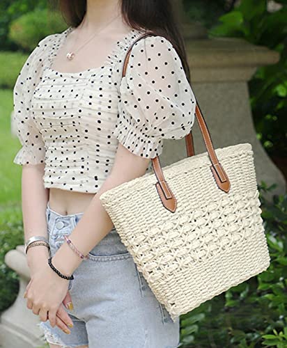 Women's Straw Shoulder Bag Large Rattan Woven Totes Summer Travel Beach Handbag Handmade Top Handle Purse - color: Beige
