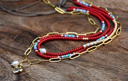 Beaded Choker Necklace for women and Teen Girls, Boho Bohemian Adjustable Colorful Seed Beads Necklace, Handmade Native American Style Jewelry by TRIBES - color: Burgundy Multicolor, style: Set of 3 Necklaces
