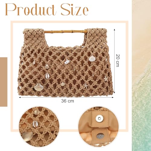 Women Crochet Woven Mesh Handbag Summer Seaside Beach Vacation Straw Tote Purse Wedding Party Gift - color: Brown