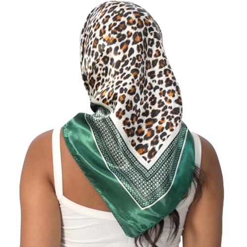 Leopard Print Head Scarf for Women Like Silk Satin Scarf for Hair Wrapping at Night Bandana Square Scarf 35 Inches - color: Green