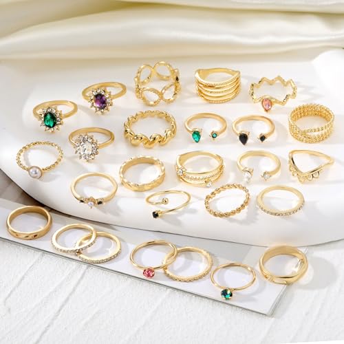 Gold Boho Sparkle Knuckle Rings Set For Women, Vintage Fashion Aesthetic Trendy Joint Snake Ring Pack, Retro Green Black Pink Colorful Rhinestone Star Crystal Leaf Diamond Pearl Jewelry - color: Gold-26Pcs