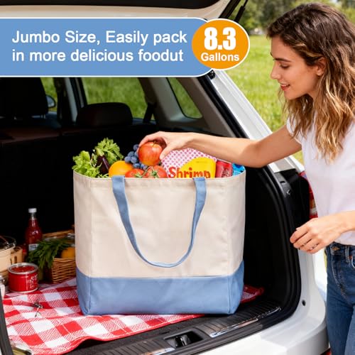 Reusable Grocery Bags Heavy Duty, 8.3 gal Foldable Large Canvas Tote Bag with Handles, Holds 60 lbs Canvas Shopping Bags, 1 Pack（Off White+Light Blue） - color: [A1] Off White / Light Blue, size: 1 Pack