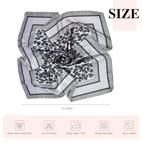 27.5 Inches Silk Head Scarf for Women Satin Hair Scarf Silk Wrap Neck Square Scarves Feeling Scarf Boho Headwear - color: Leopard Print. - Gray