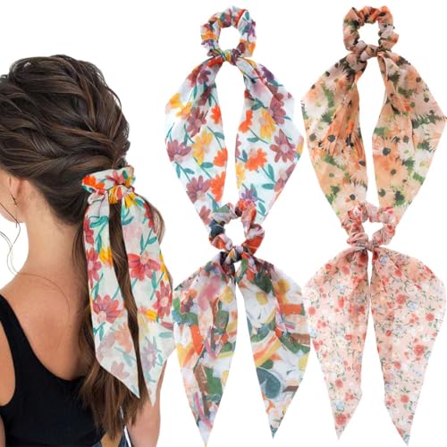 Boho Hair Scarf Scrunchies for Women Bow Hair Ties Floral Hair Scrunchies Silk Elastic Ponytail Holder Hair Accessories for Girls 4 pcs (Flower-3) - color: Flower-3