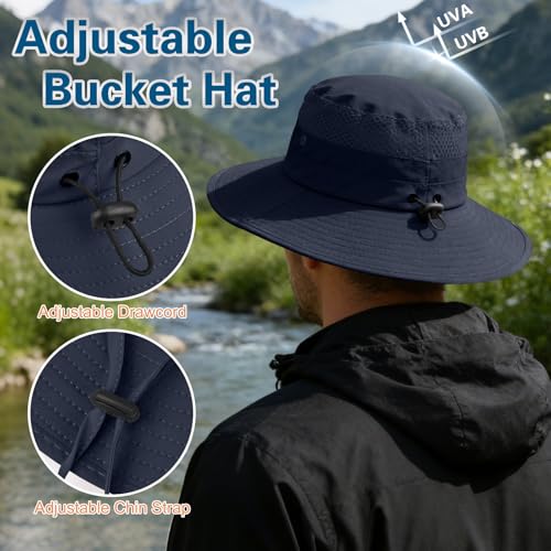 Sun Hat for Men Women UV Protection Wide Brim Fishing Hats Breathable UPF 50+ Boonie Bucket Hats Beach Safari Hiking Garden - color: 1 Pack Navy-1