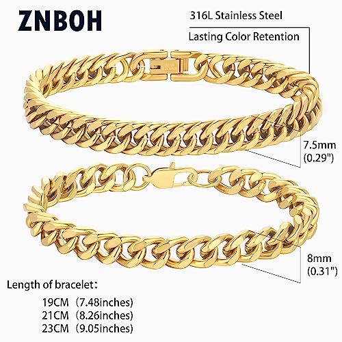 2Pcs Stainless Steel Bracelets for Men 14K Gold Plated Cuban Link Figaro Rope Silver Chain Bracelet Set Curb Width Sturdy Bracelet 7.5/8.3/9 Inches Jewelry Gifts for Dad Husband - color: A:Gold-Cuban Link, size: Display Length: 8.3 Inches