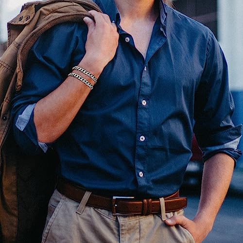 2Pcs Stainless Steel Bracelets for Men 14K Gold Plated Cuban Link Figaro Rope Silver Chain Bracelet Set Curb Width Sturdy Bracelet 7.5/8.3/9 Inches Jewelry Gifts for Dad Husband - color: C:Silver-Two Cuban Link, size: Display Length: 7.5 Inches