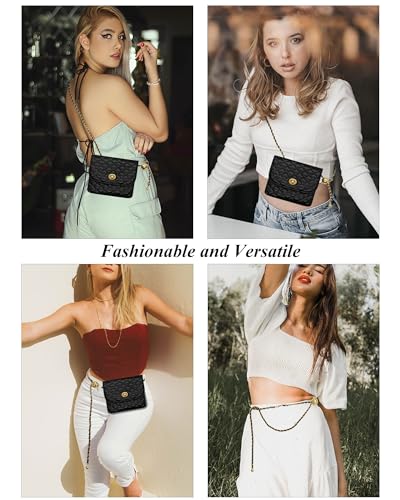 YAMEIZE PU Leather Chain Belt Bag for Women - Crossbody Waist Bag Fanny Pack Detachable Belt Chain Women Evening Mini Handbag - color: Black - Medium