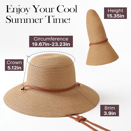Womens Beach Sun Straw Hat, Wide Brim Sun Hat Travel Foldable Summer Wind Lanyard UPF 50+ - color: Khaki