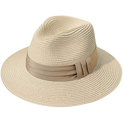 Lanzom Women Wide Brim Straw Panama Roll up Hat Fedora Beach Sun Hat UPF50+ - color: Khaki, size: One Size-Small