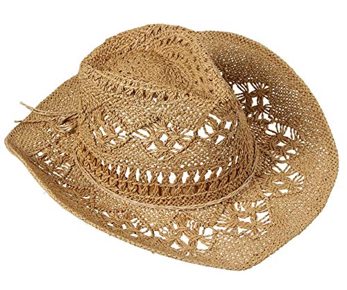 Men & Women's Summer Cowboy Cowgirl Straw Hat Hollow Out Woven Roll Up Wide Brim Sun Hat with Chin Strap - color: Camel