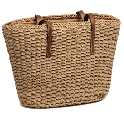 Beaguful Women's Shoulder Handbags Beach Chic Tote Purse Leisure Vacation Hobo Bag with Zipper Closure - color: Light Brown