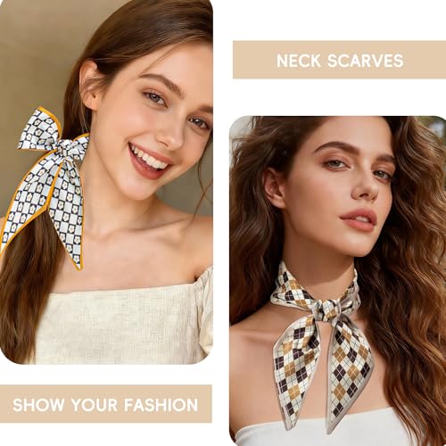 ZXZH 6 Pack Fashion Scarves for Women, Versatile Boho Head Scarf, Satin Scarf for Hair, Neck, Wrist, and Purse Accessories - color: Beige & Brown Geometric Mix