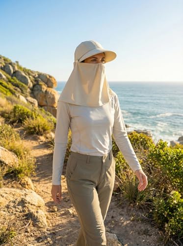 Outdoor Wide Brim Sun Hat Visor for Women, Detachable Face & Neck Cover, Hiking Gardening UPF 50+, Ponytail Friendly - color: Beige