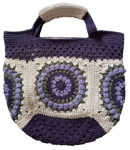 Womens Summer Boho Crochet Beach Tote Bag Handmade Woven Handbag Large Travel Vacation Shopper Straw Purse - color: Purple/White