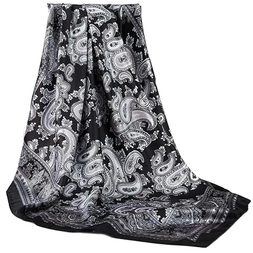 Women's Silky Satin Large Head Scarf Leopard/Paisley Neck Scarves Square Hair Wrapping Sleeping Bandana 35in - color: Black-paisley-s