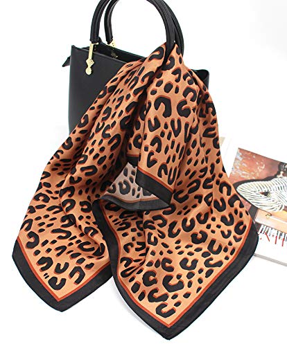 ANDANTINO 100% Mulberry Silk Square Scarf for Hair-25.6" X25.6'' Women Men Natural Silk Neckerchief Digital Printed Headscarf - color: Brown Cheetah Print