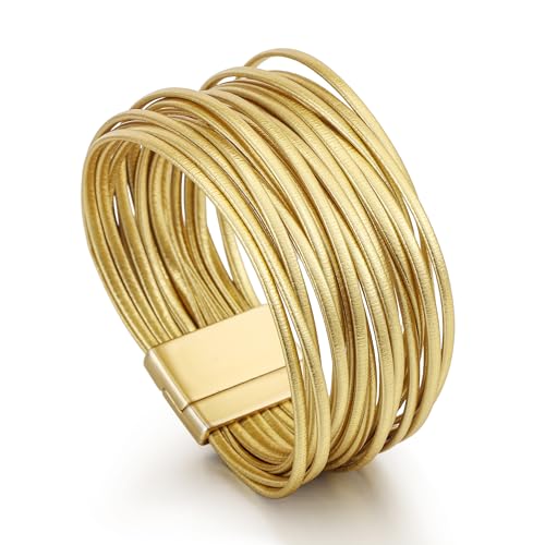 Edoneery Leather Wrap Bracelet for Women, Boho Handmade Multi-Layer Cuff with Crystal Beads Heart, Stackable Bangle Western Jewelry Gift - style: String Leather(Gold)