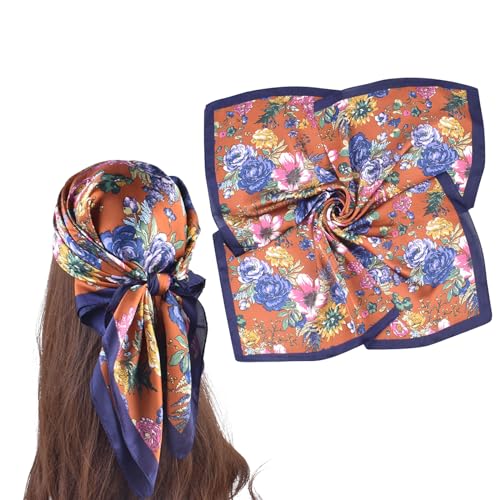 27.5 Inches Silk Head Scarf for Women Satin Hair Scarf Silk Wrap Neck Square Scarves Feeling Scarf Boho Headwear - color: Navy Blue-rose
