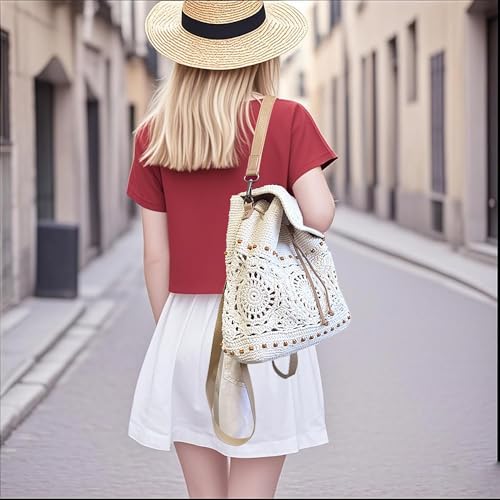 Eiyye Handmade Crochet Backpack for Women Premium Cotton Rope Boho Rucksack with Adjustable Straps Lightweight Woven Shoulder Backpack for Travel Beach & Everyday Casual