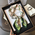 FEIBOON 100% Pure Mulberry Silk Scarfs 26"x26" Square Scarf Women Neckerchief Headscarf hair scarf bandana Gift Packed - color: Beige+green Flowers
