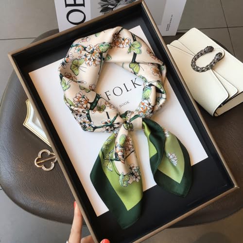 FEIBOON 100% Pure Mulberry Silk Scarfs 26"x26" Square Scarf Women Neckerchief Headscarf hair scarf bandana Gift Packed - color: Beige+green Flowers