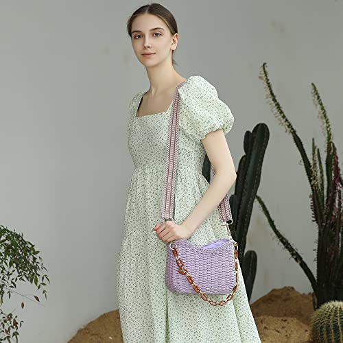Herald Small Summer Crossbody Bags for Women, Beach Handmade Straw Woven Pocketbooks Handbag Shoulder Purse - color: Purple