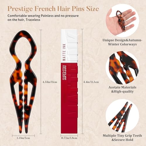4PCS Prestige French Hair Pins for Women - 4.33” Large Tortoise Shell Hair Pin for Updos Chignons & Buns-Acetate French Twist Pin, Strong Hold Hair Clips All-Day, Hair Styling for Thick Hair - color: Tortoise Shell-A