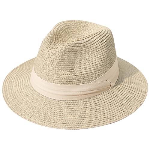 Lanzom Women Wide Brim Straw Panama Roll up Hat Fedora Beach Sun Hat UPF50+ - color: Beige/Khaki, size: Large-X-Large