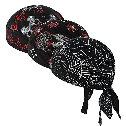 DOCILA 3 Pcs Do Rags for Men Skull Cap Bandana Hat Breathable Helmet Linner Beanie - color: Blackwhiteredspider