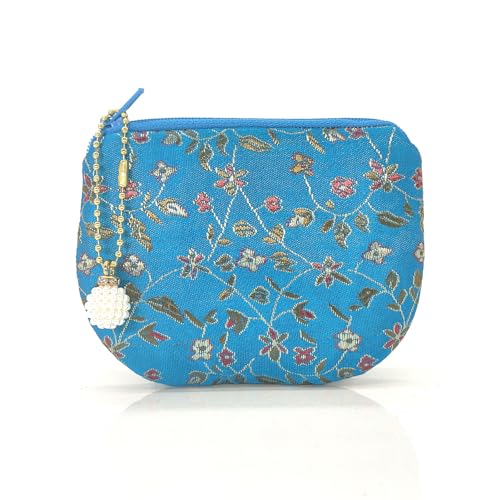 Handmade Women Coin Purse Rosary Pouch Silk Jewelry Bag Brocade Zipper Wallet - SkyBlue - color: SkyBlue