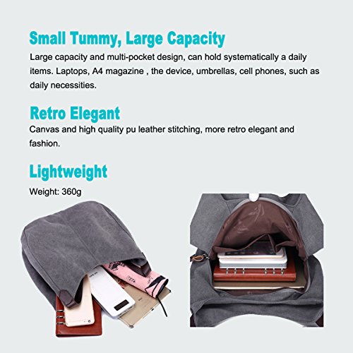 DOURR Women's Multi-pocket Shoulder Bag Fashion Cotton Canvas Handbag Tote Purse - color: Beige - Medium Size