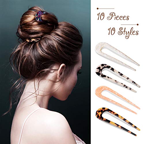 WILLBOND 10 Pcs French Hair Pins for Women U Shaped Hair Forks 4" Small Tortoise Shell Acetate Vintage Hairstyle Sticks Clips for Updo Bun Twist Chignon Fine Long Hairstyle Accessories