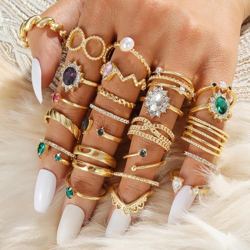 Gold Boho Sparkle Knuckle Rings Set For Women, Vintage Fashion Aesthetic Trendy Joint Snake Ring Pack, Retro Green Black Pink Colorful Rhinestone Star Crystal Leaf Diamond Pearl Jewelry - color: Gold-26Pcs