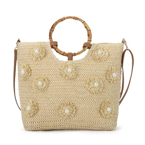 Beach Bags for Women, Summer Beach Woven Bag, Flower Pearls Straw Tote Bag for Summer Vacation - color: Beige