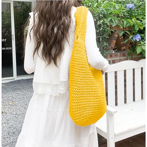 Hand-woven Soft Large Straw Shoulder Bag Boho Straw Handle Tote Retro Summer Beach Bag Rattan Handbag - color: Yellow