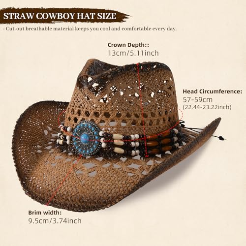 Straw Cowboy Hat for Men Womens Straw Cowgirl Hat Summer Western Cowboy Hats with Wide Brim for Cowgirls and Cowboys - color: Brown