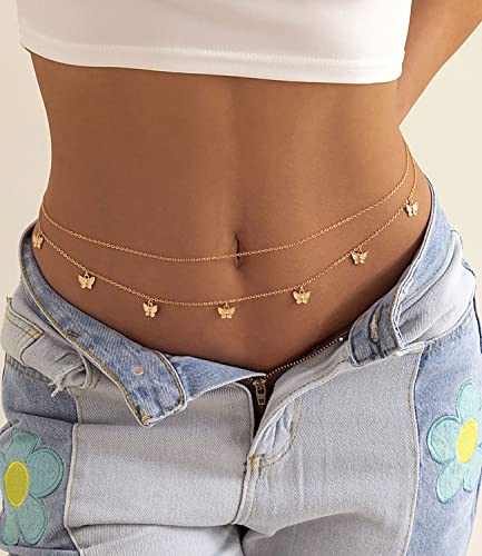 Honsny 2PCS 25-43Inch 18K Gold Plated Waist Chain Minimalist Pearl Belly Body Chain Gold Layered Sexy Bikini Body Chains Waist Jewelry for Women - color: A:Butterfly, size: L(37-43INCH)
