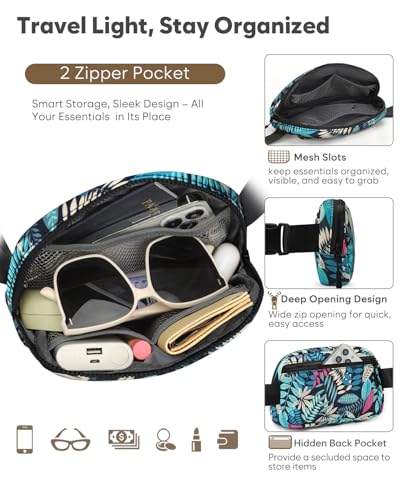 Pritent Fanny Packs for Women Cross Body Bag Waterproof Belt Bag with Adjustable Strap and Zipper Back Pocket Small Crossbody Bags Fashion Waist Packs for Workout Travelling(Tropical Leaf) - color: Tropical Leaf, size: Small
