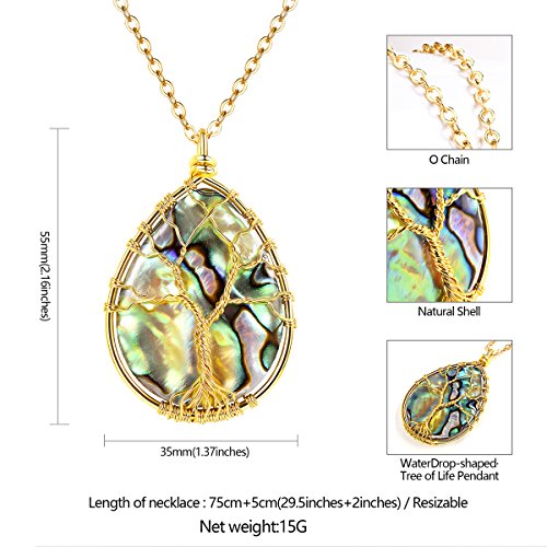 FOCALOOK Stainless Steel Wire Wrapped Tree of Life Abalone Necklaces Handmade Costume Jewelry Long Necklaces for Women (Send Gift Box) - style: 02.Tear Drop Shaped-Gold
