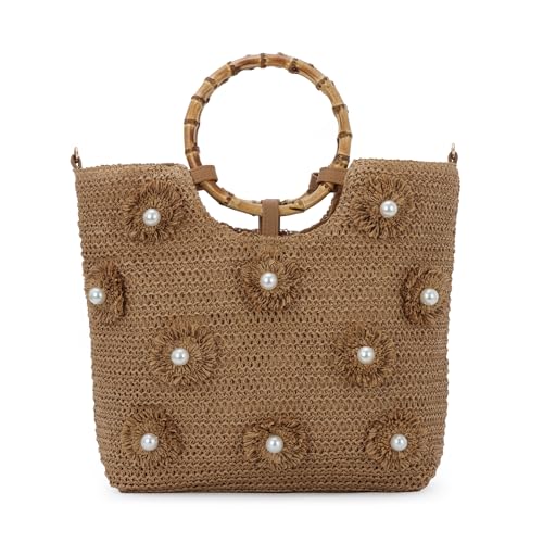 Beach Bags for Women, Summer Beach Woven Bag, Flower Pearls Straw Tote Bag for Summer Vacation - color: Khaki