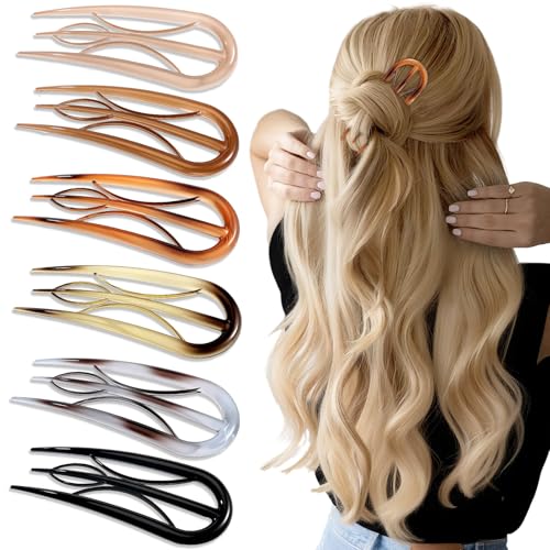 6PCS French Hair Pins for Women, Tortoise Shell French Pins Hair, Large Hair Styling Pins for Thin Thick Hair, 3 Internal Teeth Hair Sticks, Hair Pin for Buns, French Twist Pin - color: Amber