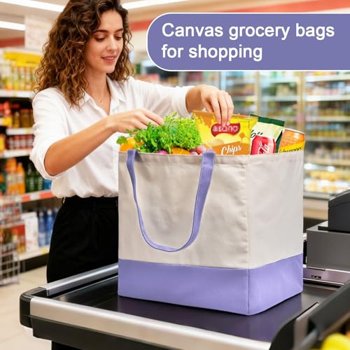 Reusable Grocery Bags Heavy Duty, 8.3 gal Foldable Large Canvas Tote Bag with Handles, Holds 60 lbs Canvas Shopping Bags, 3 Pack（Off White+Light purple） - color: [A1] Off White / Light Purple, size: 3 Pack