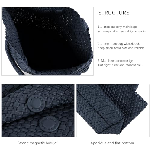 Handmade Woven Bag Satchel Handbag For Women Vegan Leather Tote Bag With Purses Travel Shoulder Bag Underarm Bag - color: Navy Blue