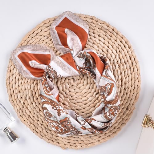 27.5 Inches Silk Head Scarf for Women Satin Hair Scarf Silk Wrap Neck Square Scarves Feeling Scarf Boho Headwear - color: Brown-small Cashews