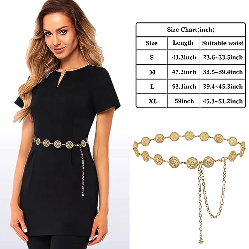 Trendy Women's O-Ring Adjustable Waist Chain - Fashion Accessory for Jeans and Dresses - color: Gold circles, size: S: 41.3 in